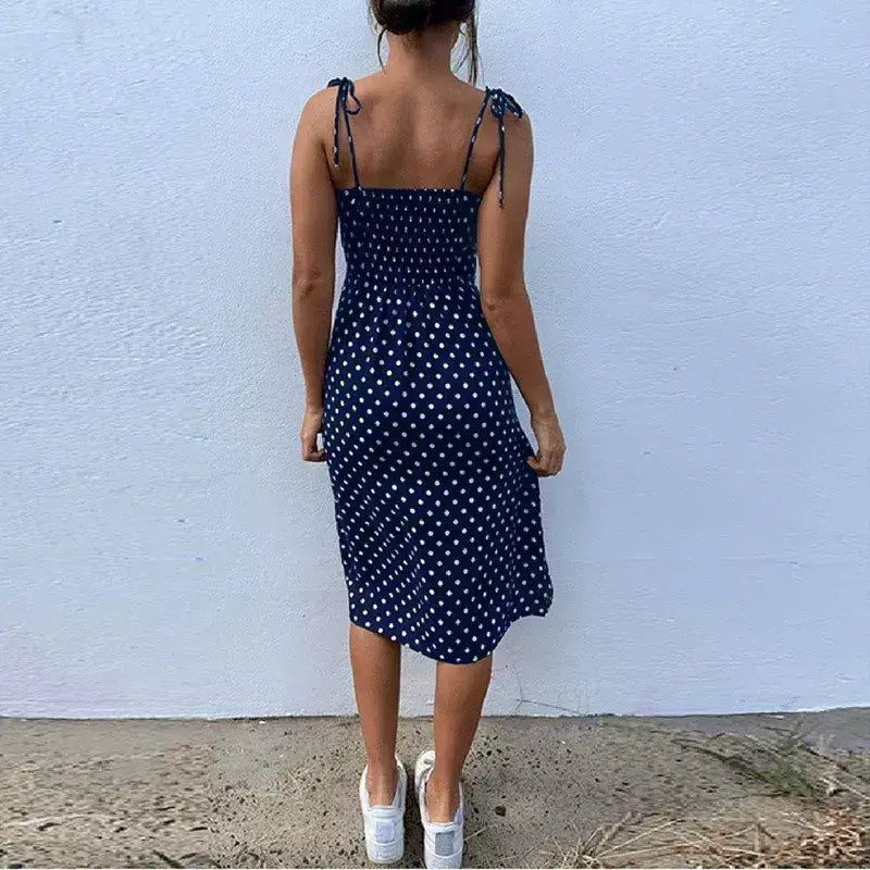 Vestidos de verão feminino causal polka dot sem mangas alta plissado cintura elástica com decote em v vestido de praia vestidos de verano