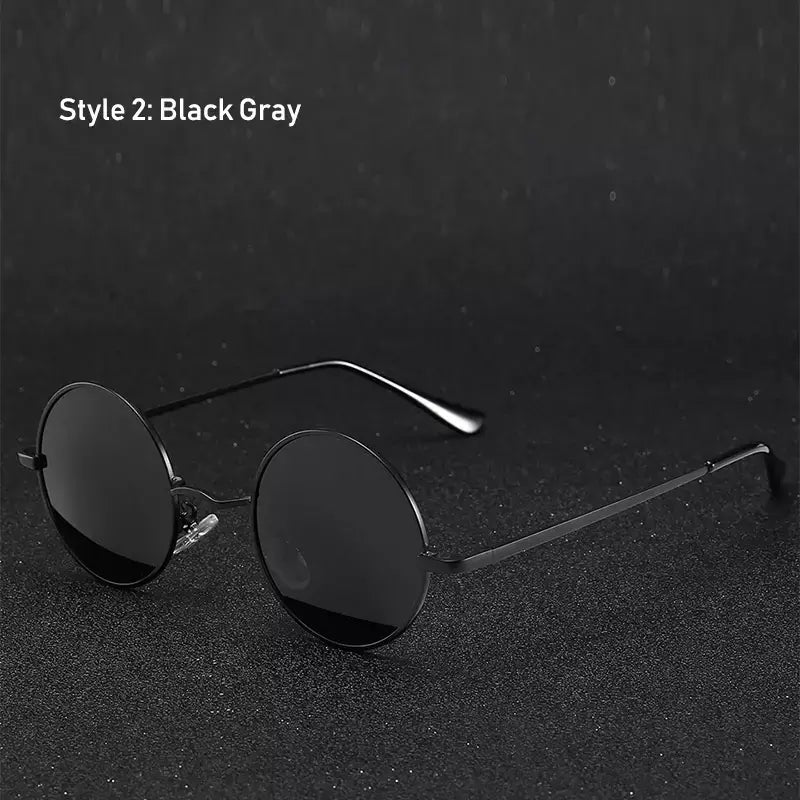 Óculos de sol polarizados redondos vintage retrô para homens e mulheres, óculos de sol designer, armação de metal, lente preta, óculos UV400, dirigindo, marca