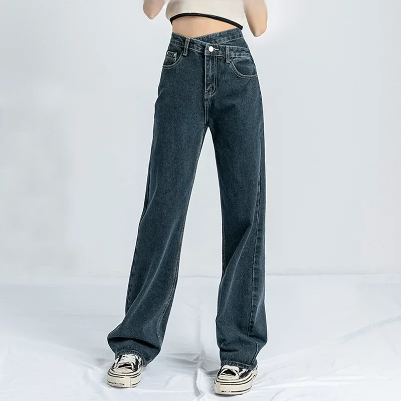 Jeans vintage drapejado de cintura alta feminino, calças de perna reta, jeans drapejado solto