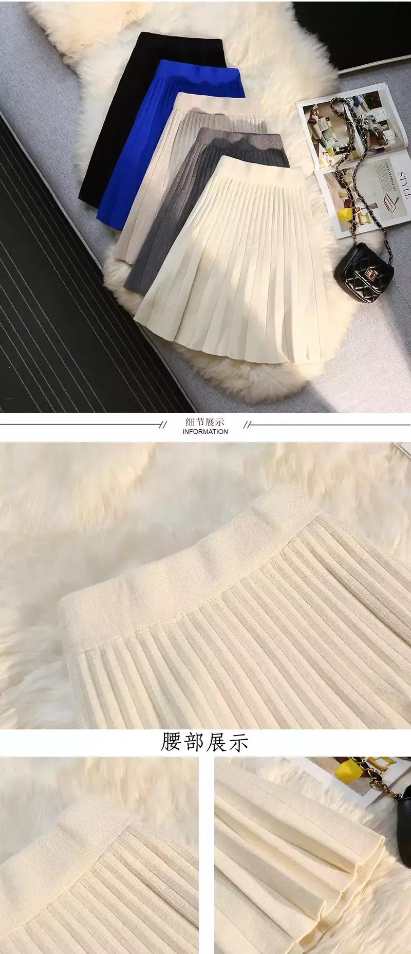 Míni saia plissada de malha feminina, cintura alta elástica, saia guarda-chuva linha A, casual sexy, curta, outono, inverno