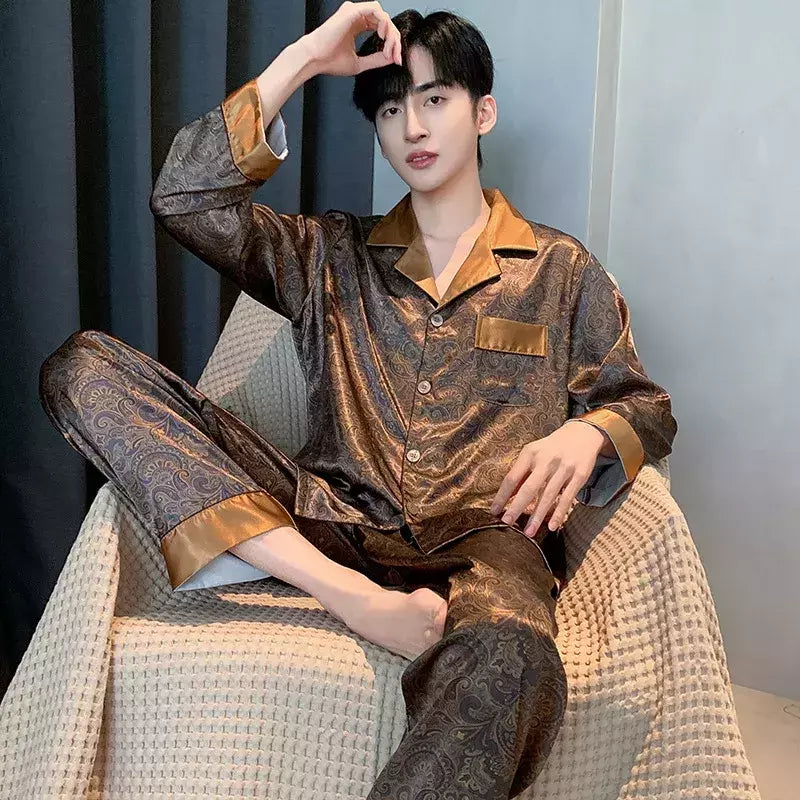 Conjuntos de pijama masculino de cetim de seda manga comprida, pijamas masculinos, camisola estampada, Casa, Soft Cozy Sleepwear Calças, Novo