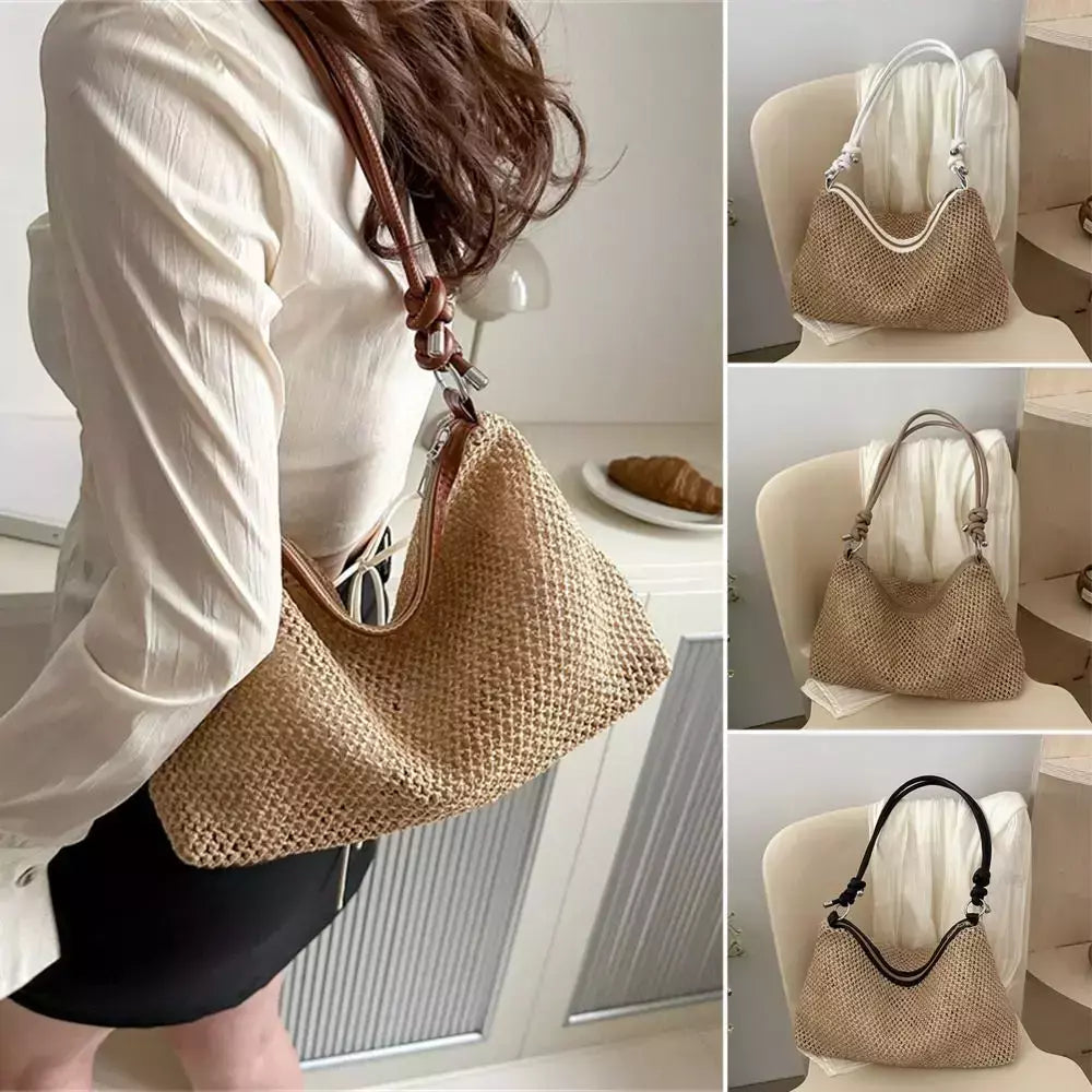 Saco de palha tecido Rattan para senhoras, sacola de grande capacidade, bolsa trançada artesanal, bolsa de ombro, moda
