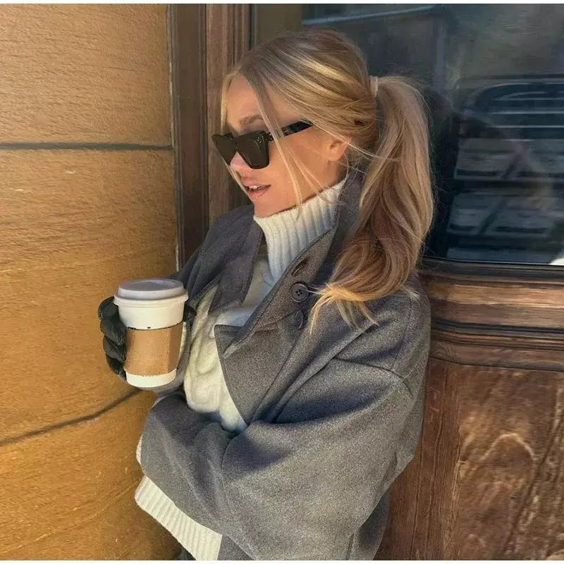 Gola feminina casacos de lã de inverno 2024 nova moda único breasted feminino manga longa jaquetas senhora do escritório rua casaco curto