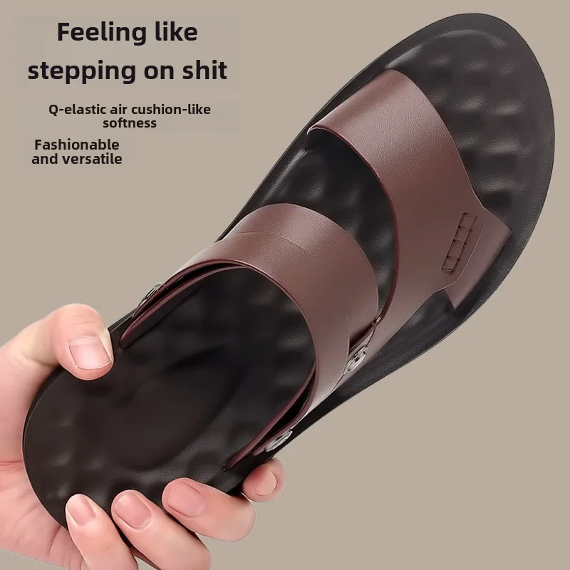Sandálias masculinas reais de couro de vaca, sapatos de praia para motoristas, meia-idade e idosos, na moda, 2-usos, 2023, novo