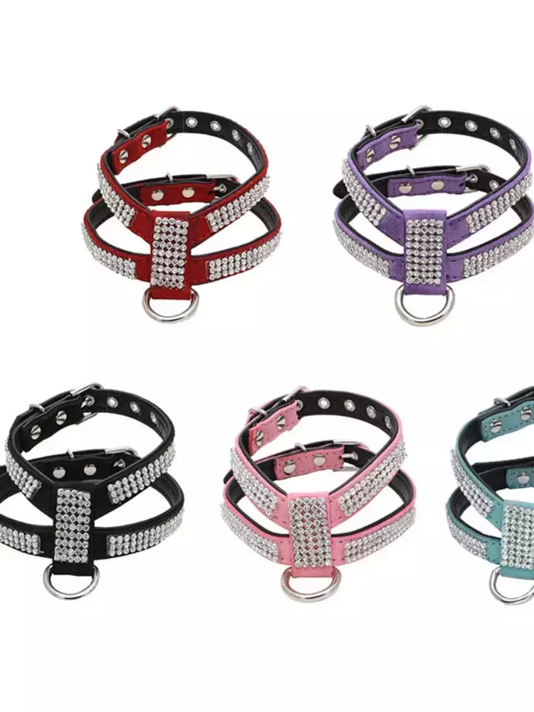 Coleira para cães, cinta peitoral ajustável, produtos para animais de estimação, coleira para cães, liberação rápida, brilhante, em forma de k, strass, couro pu