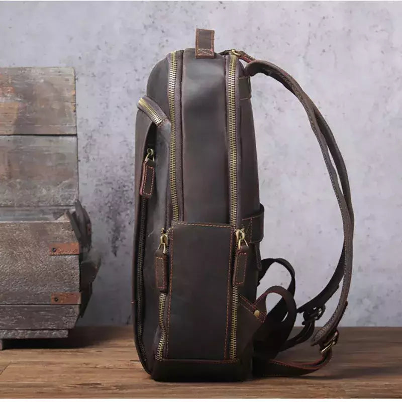 Mochila de couro genuíno para homens, cavalo louco vintage mochila para laptop grande mochila diária mochila de viagem mochila para caminhadas