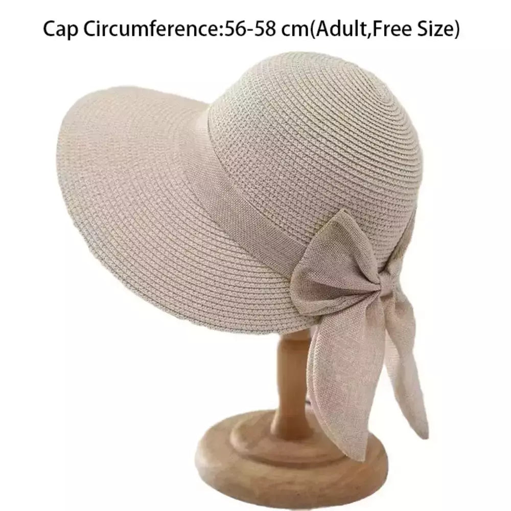 Chapéu de palha bowknot aba larga para mulheres, boné de praia, proteção UV, boné panamá respirável, chapéu balde casual, moda verão