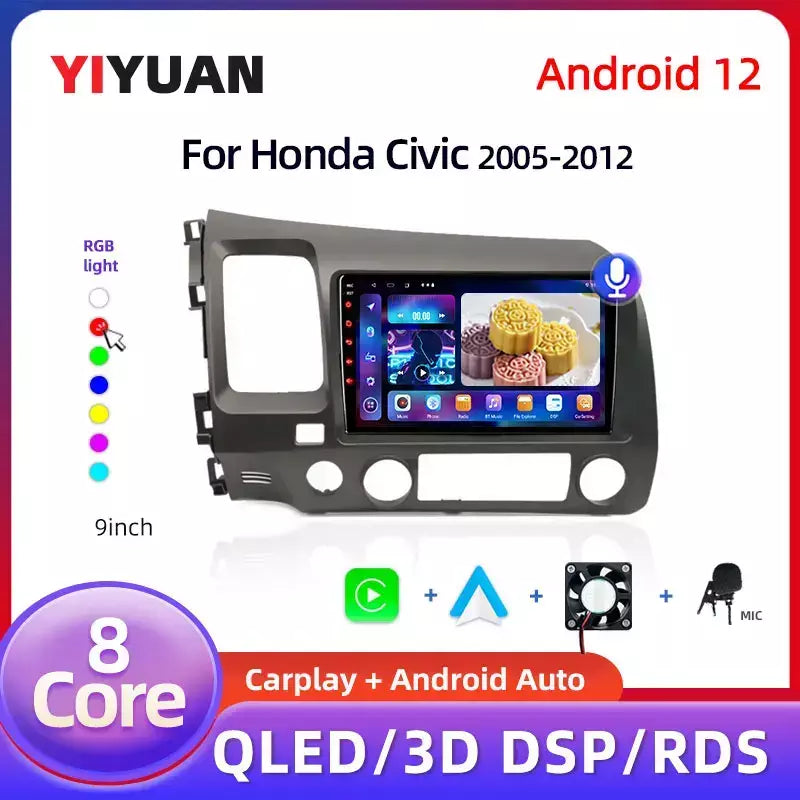 9 "android 13 carplay rádio estéreo do carro para honda civic 8 2005 - 2012 reprodutor multimídia navegação gps 2 din 4g áudio dvd