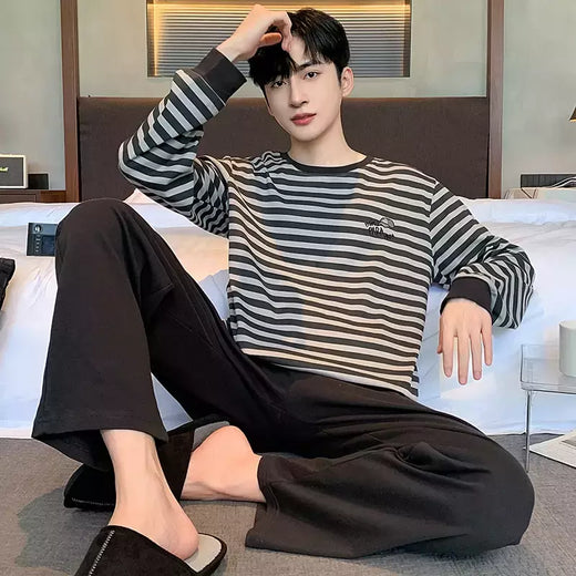 Pijama masculino com gola em o listrado, pijamas de algodão penteado, lounges plus size, outono e inverno, maduro na moda, novo, L a 6XL, 2020