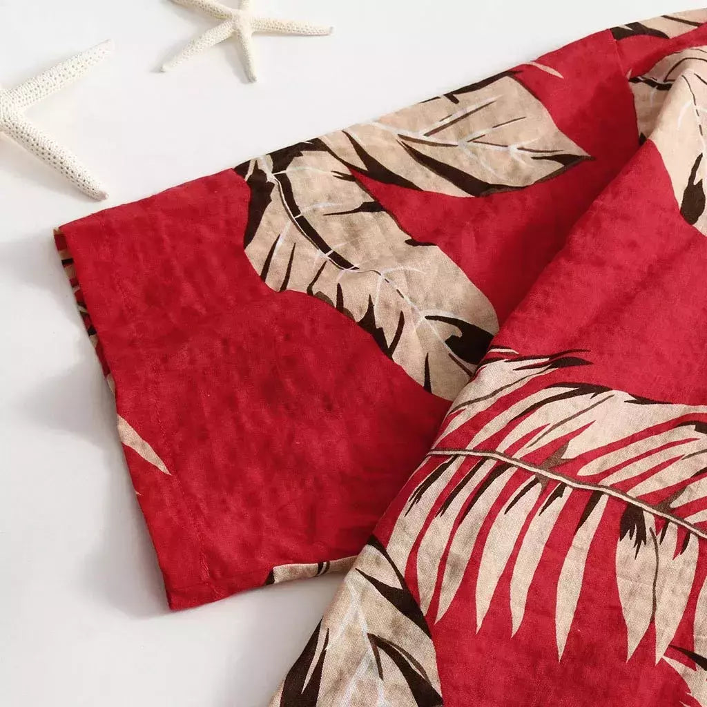 Camisa estampada de folhas havaianas masculina, feriado, manga curta, vermelho, gola virada para baixo, férias, tops de praia, roupa