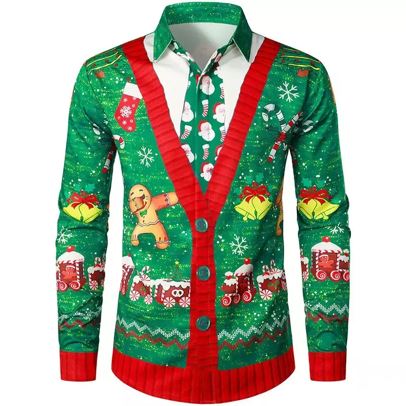 Engraçado feliz natal lapela camisas masculinas papai noel cosplay gráficos camisas de manga comprida, roupas masculinas ternos falsos camisas