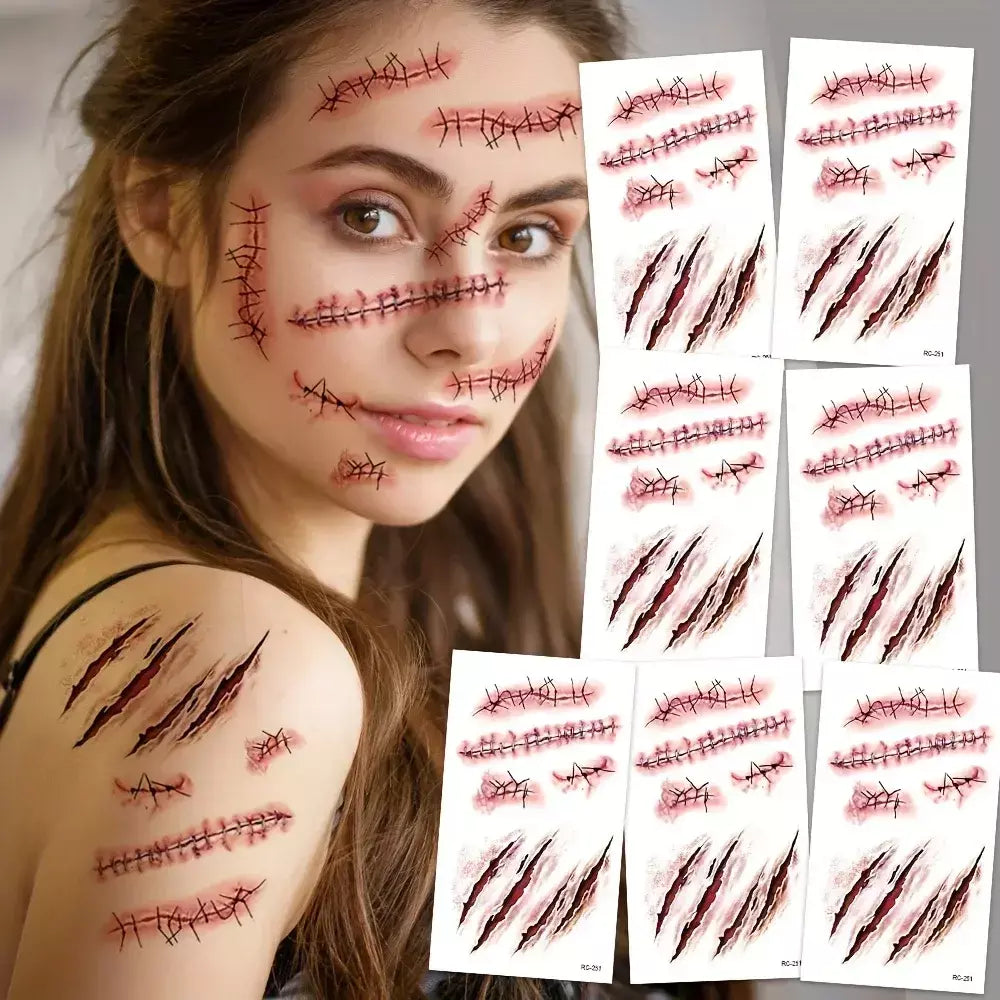 5/10/20 pçs halloween cicatriz tatuagem temporária adesivos 3d falso cicatriz tatuagens adesivo vermelho sangue coágulo rosto tatuagem à prova dwaterproof água cosplay g