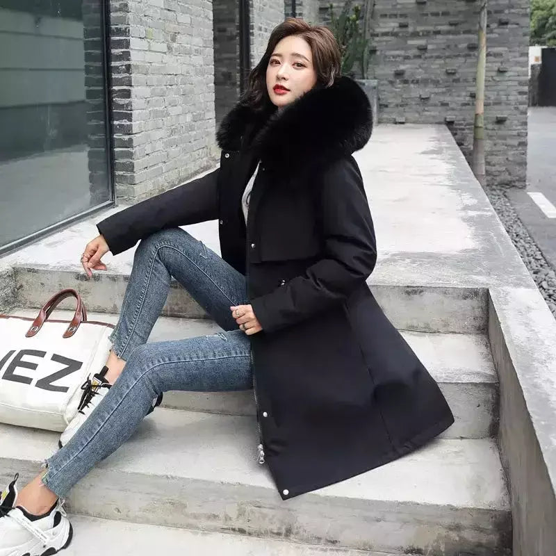 Parka longa e acolchoada feminina com forro de lã, jaqueta com capuz, gola de pele, quente, grossa, neve, roupas grandes, inverno