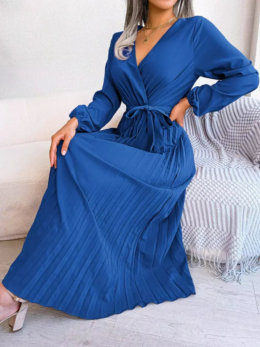 Elegante V Neck manga comprida das mulheres plissado vestido Maxi