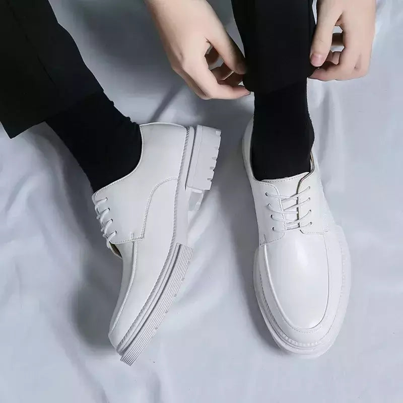 Sapato de couro branco Oxford masculino, vestido de casamento formal de luxo, fundo grosso, mocassins casuais, original, inteiro