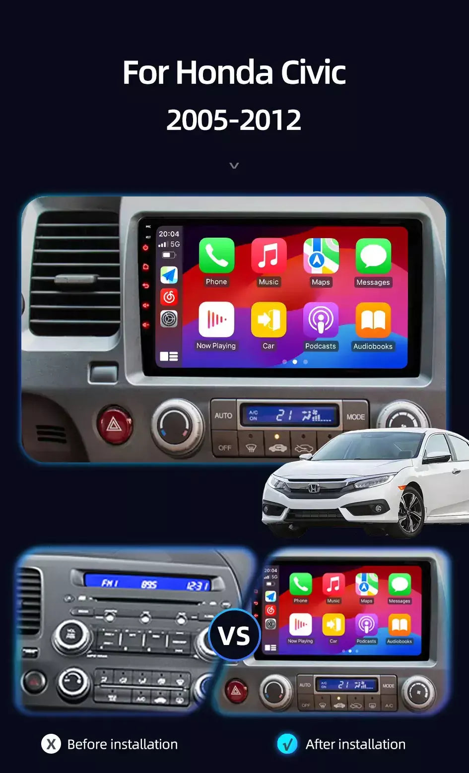 9 "android 13 carplay rádio estéreo do carro para honda civic 8 2005 - 2012 reprodutor multimídia navegação gps 2 din 4g áudio dvd