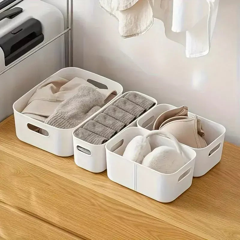 Conjunto de caixa de armazenamento empilhável de 5 peças, recipientes organizadores de plástico retangulares, duráveis, reutilizáveis, para cozinha, banheiro, itens essenciais para dormitório