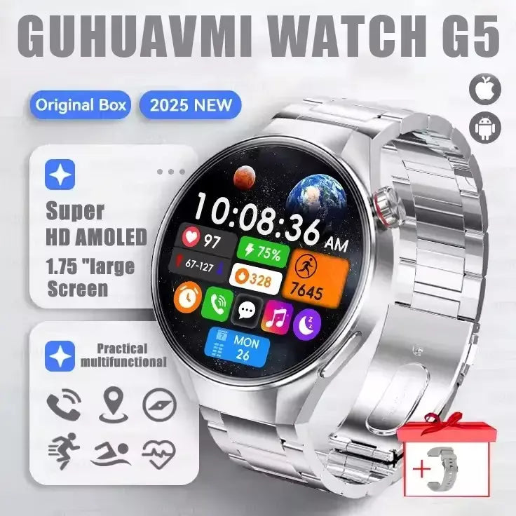 2025 novo relógio original g5 plus relógio inteligente 1.75 "hd tela amoled gps pista freqüência cardíaca bluetooth chamada bússola smartwatch para homem
