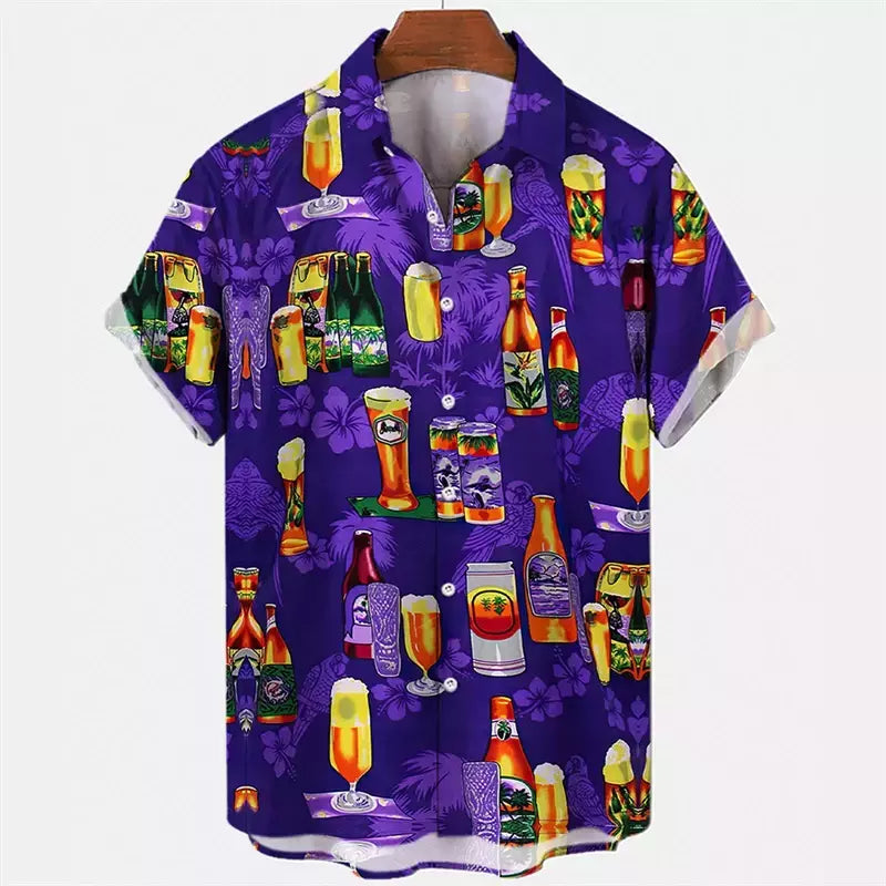 Camisa Retro de Cerveja Masculina Estampada 3D, Padrão para Beber Natal, Engraçado Street Top, Casual Manga Curta, Blusa de Botão, Roupas
