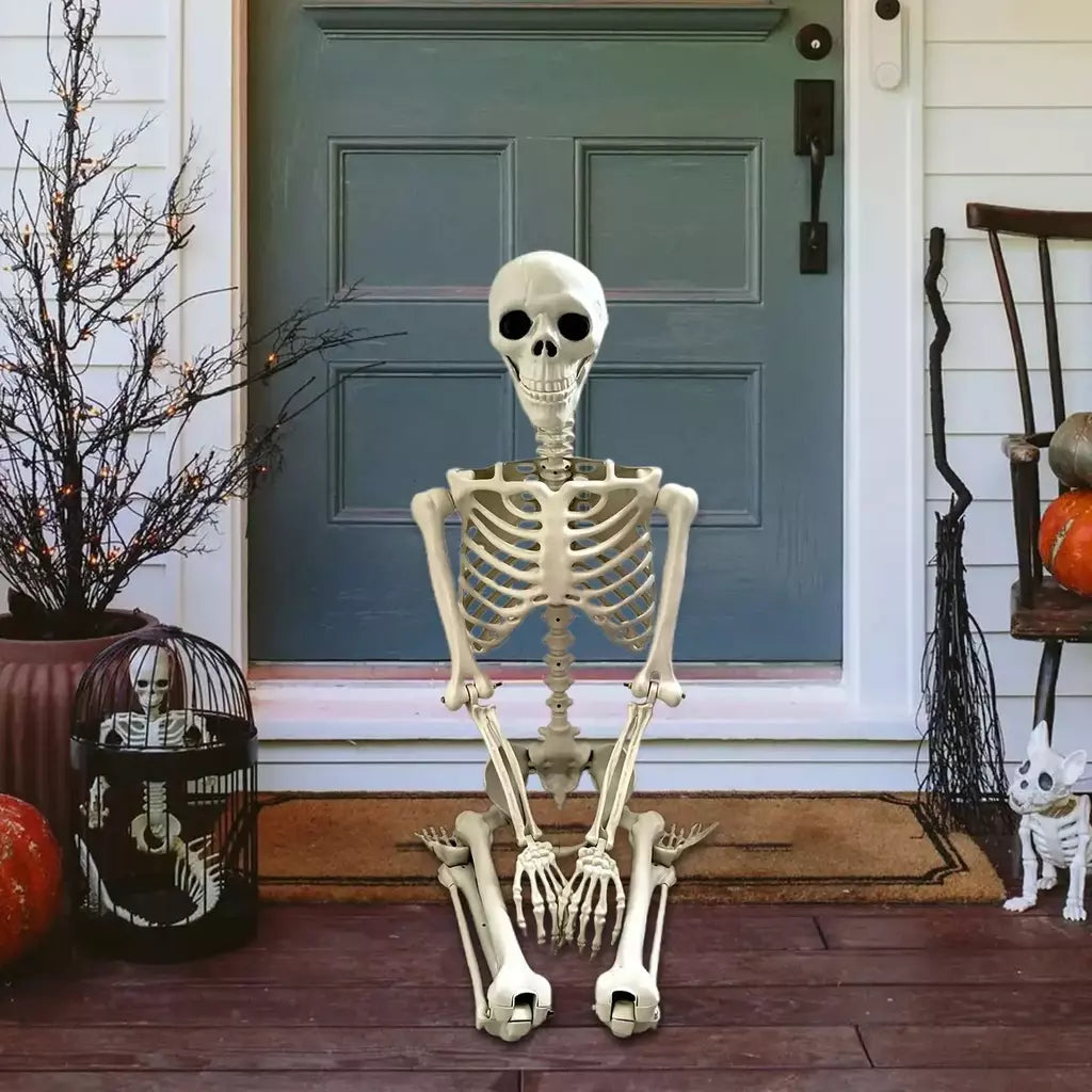 Esqueleto de halloween em tamanho real, esqueleto humano com articulações posáveis, resistente às intempéries, decoração de jardim, adereços fotográficos assustadores para feriados
