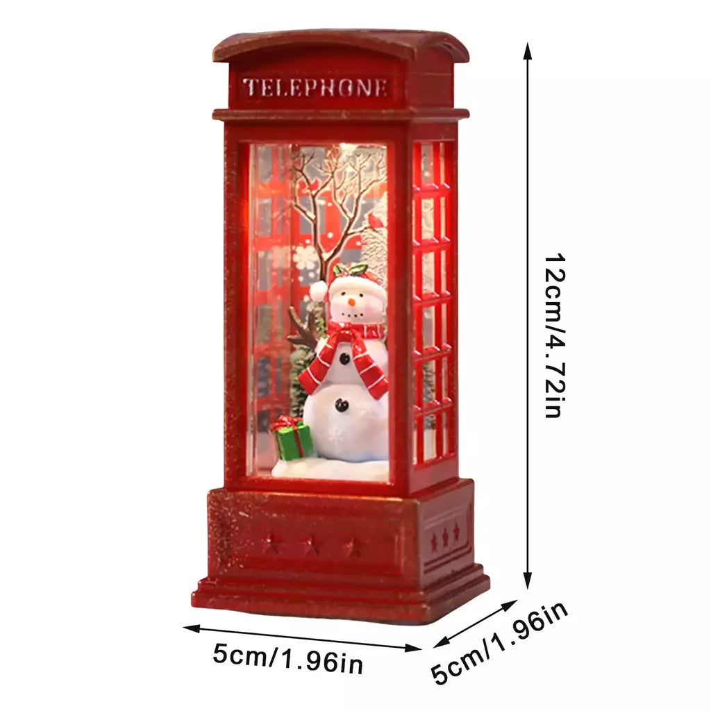 Vintage vermelho luminoso telefone cabine lanterna, árvore de Natal, boneco de neve, Papai Noel estatueta, telefone cabine decoração