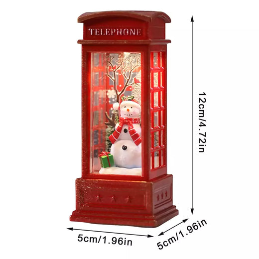 Vintage vermelho luminoso telefone cabine lanterna, árvore de Natal, boneco de neve, Papai Noel estatueta, telefone cabine decoração