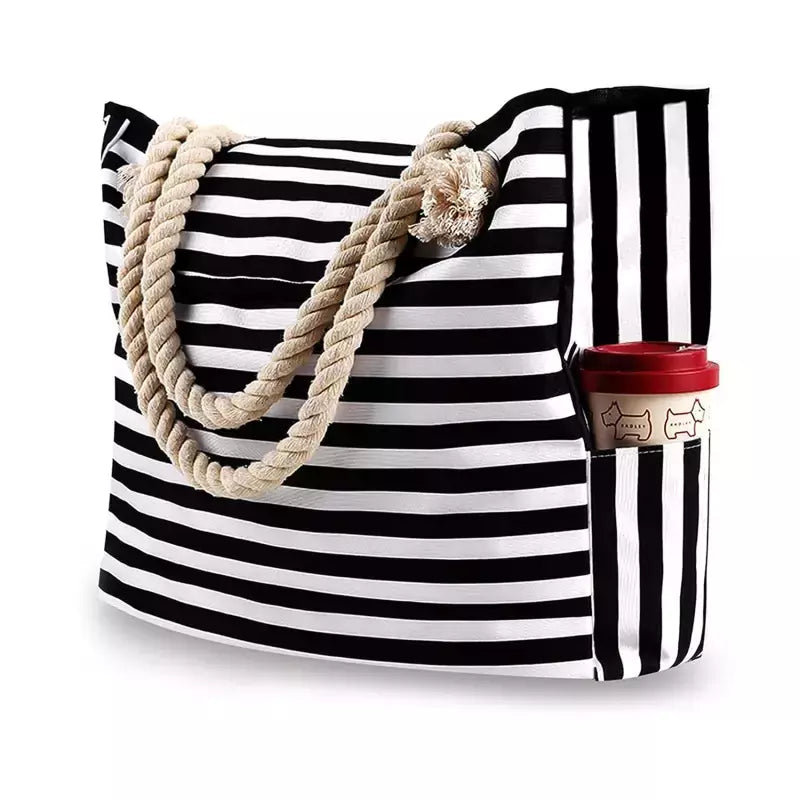 Bolsa casual listrada para mulheres, bolsa de ombro de grande capacidade, sacola de compras diárias, bolsa de praia para viagem escolar