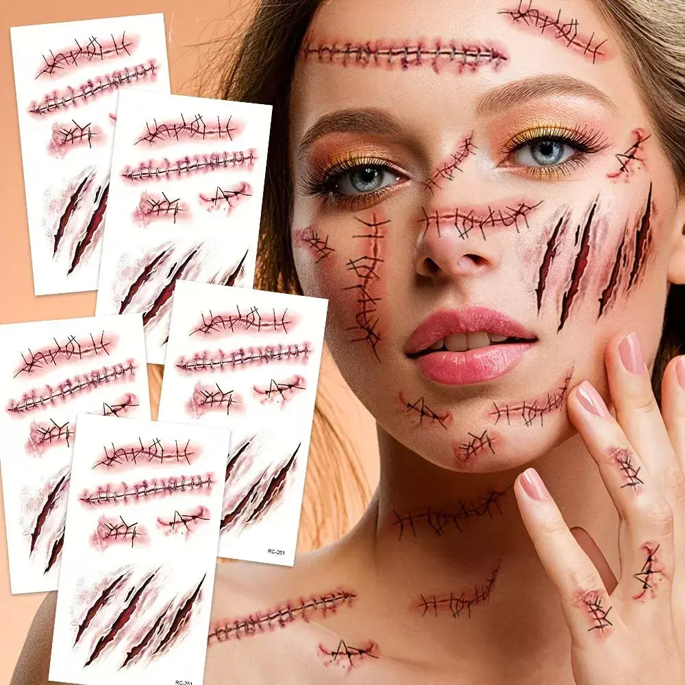 5/10/20 pçs halloween cicatriz tatuagem temporária adesivos 3d falso cicatriz tatuagens adesivo vermelho sangue coágulo rosto tatuagem à prova dwaterproof água cosplay g