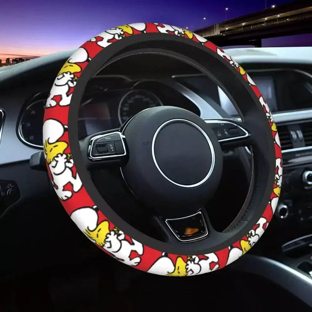 Capa de volante do carro vermelho snoopy woodstock universal trança dos desenhos animados na capa de volante estilo do carro acessórios automóveis