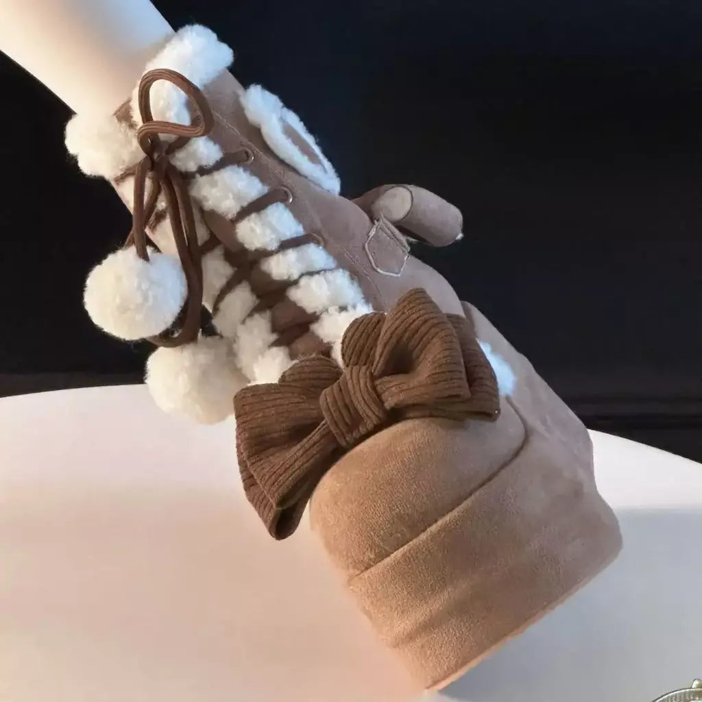 Doce inverno meninas lolita meados de bezerro botas de neve, bonito estudantes do sexo feminino pelúcia quente bowknots rendas até sapatos de salto cunha aumentando