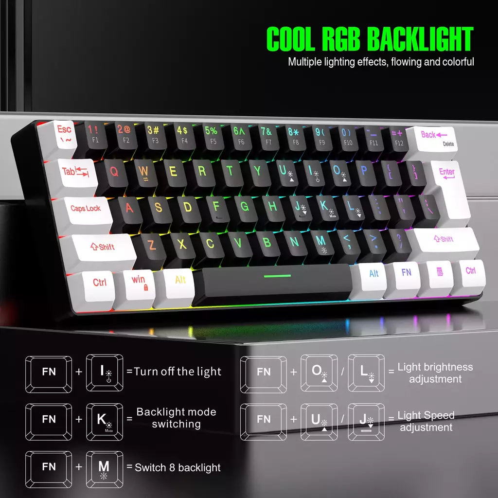 RGB Backlight Wired Mini Teclado Gaming, Ultra Compacto, Impermeável, Pequeno Compacto, 61 Teclas, Fit para PC, Mac Gamers, 60%