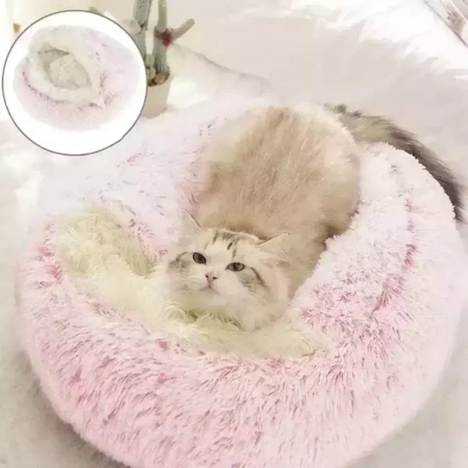 Almofada redonda para gatos, sacos de dormir semi fechados para animais de estimação, pelúcia longa e macia 2 em 1, camas quentes para gatos, conforto simples, ninho de dormir quente para cachorros