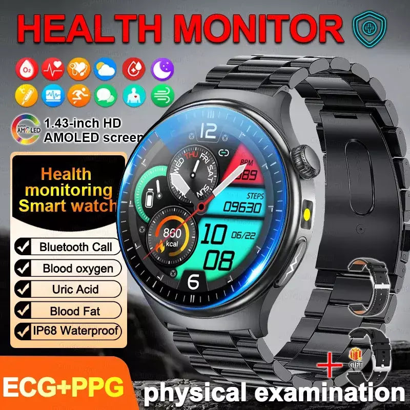2026 novo relógio inteligente masculino feminino exame micro-físico ecg + ppg oxigênio no sangue ácido úrico pressão arterial safira smartwatch masculino