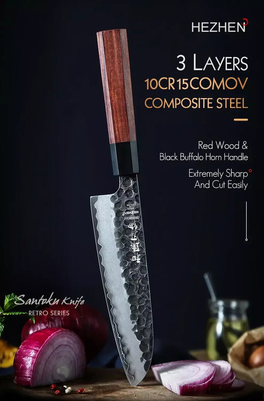 Hezhen faca santoku de 7 polegadas, aço composto de três camadas, facas de cozinha de aço inoxidável, cabo de madeira vermelha com caixa de presente