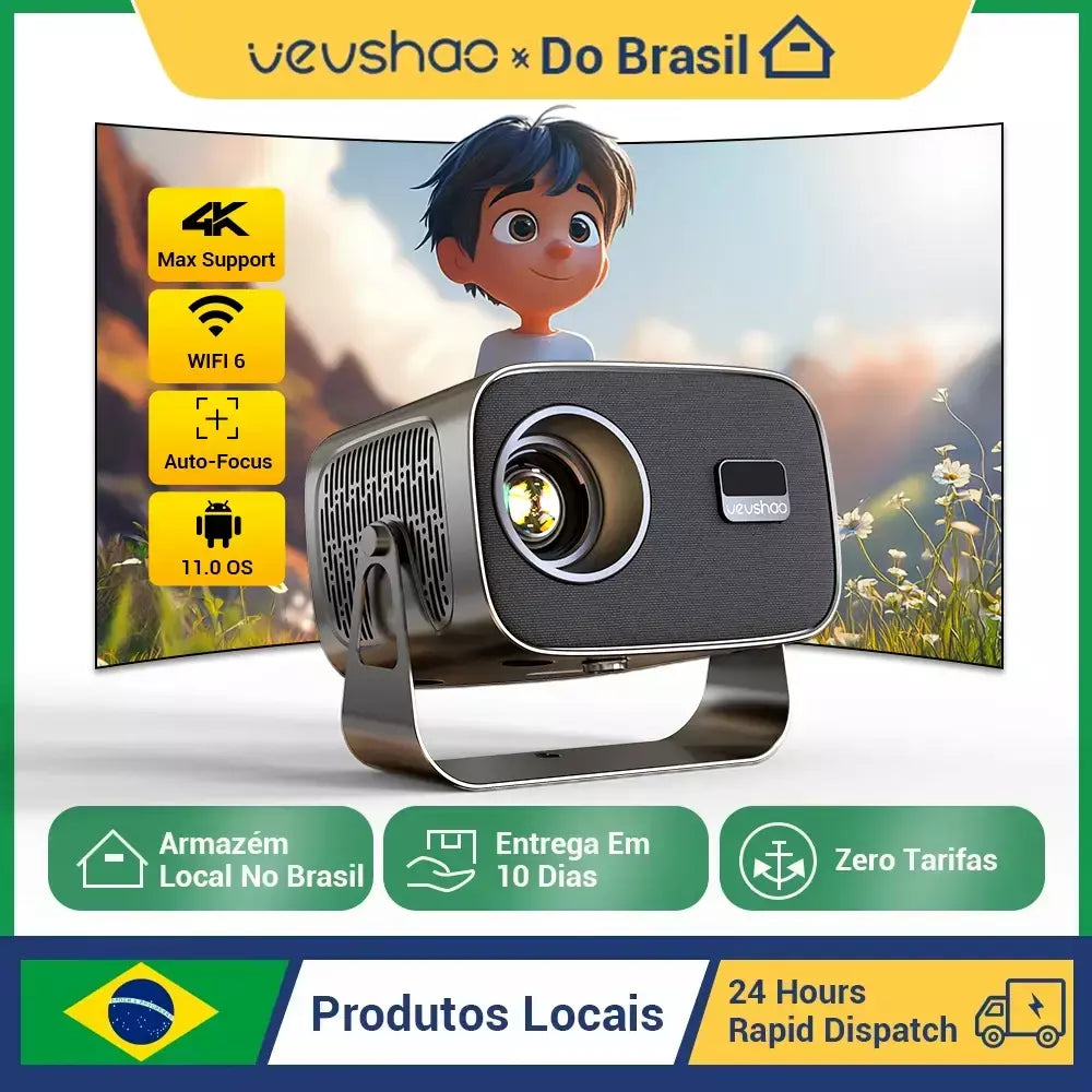 VEVSHAO A12 4K Android13 Projetor SmartPhone Nativo Auto Focus Keystone BT5.2 WIFI6 Portátil 360 ° Gire 1280*720P Cinema em casa