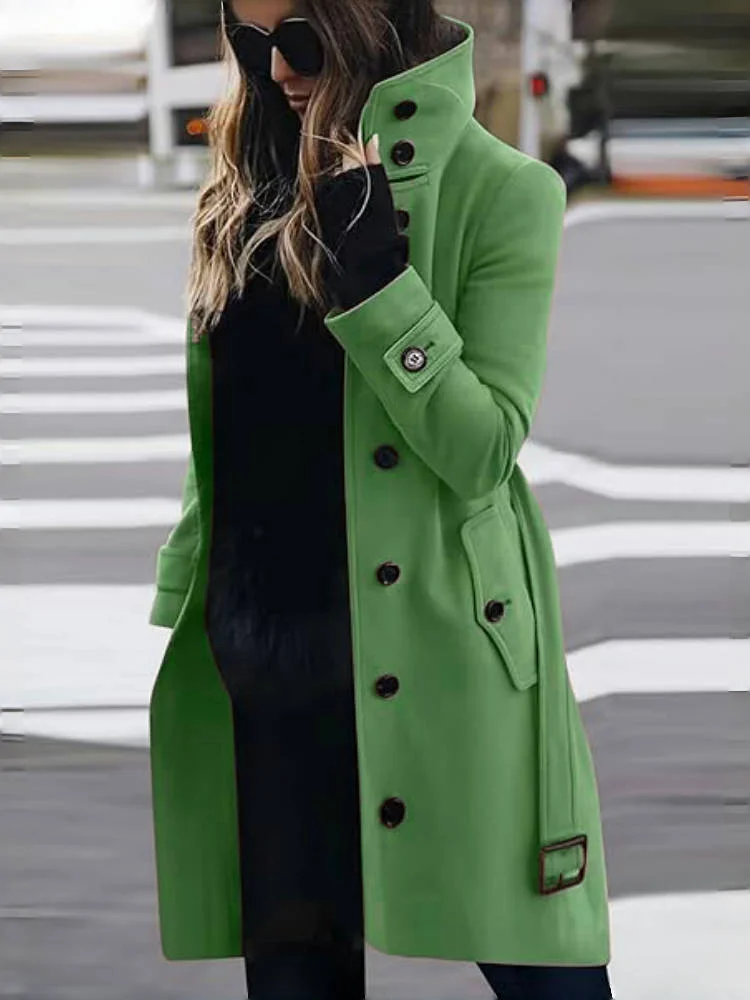Casaco longo de gola virada para baixo de peito único feminino, casacos de lã, jaquetas femininas quentes, roupas de inverno