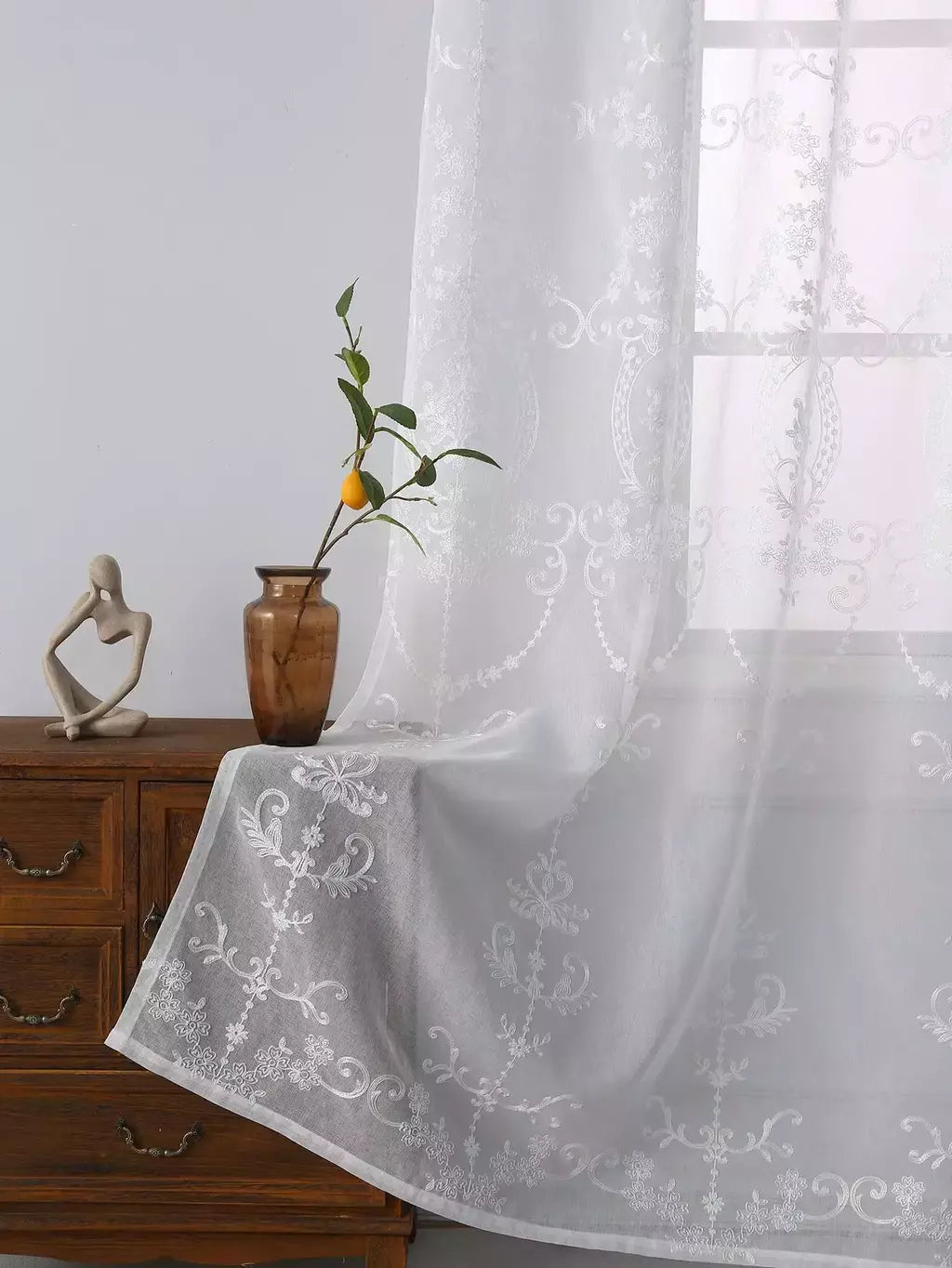 Sheer bordados Floral Cortinas Voile para sala e quarto, cortinas brancas