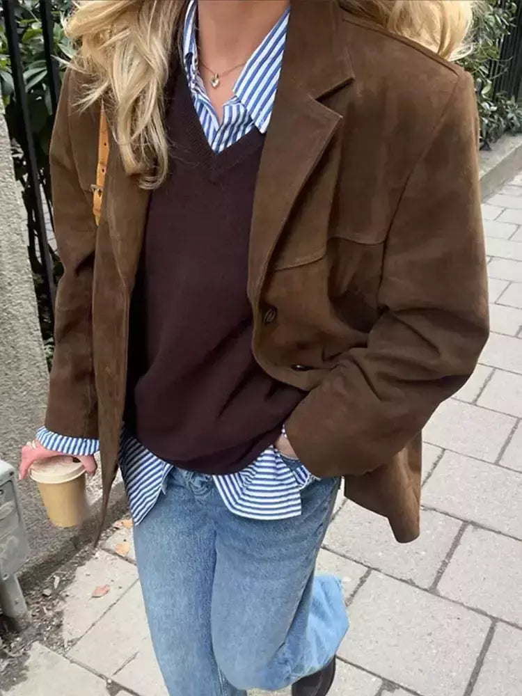 Casaco de bolso de lapela de peito único feminino, manga comprida, casaco curto versátil, casaco marrom, quente, rua alta, outono, 2024