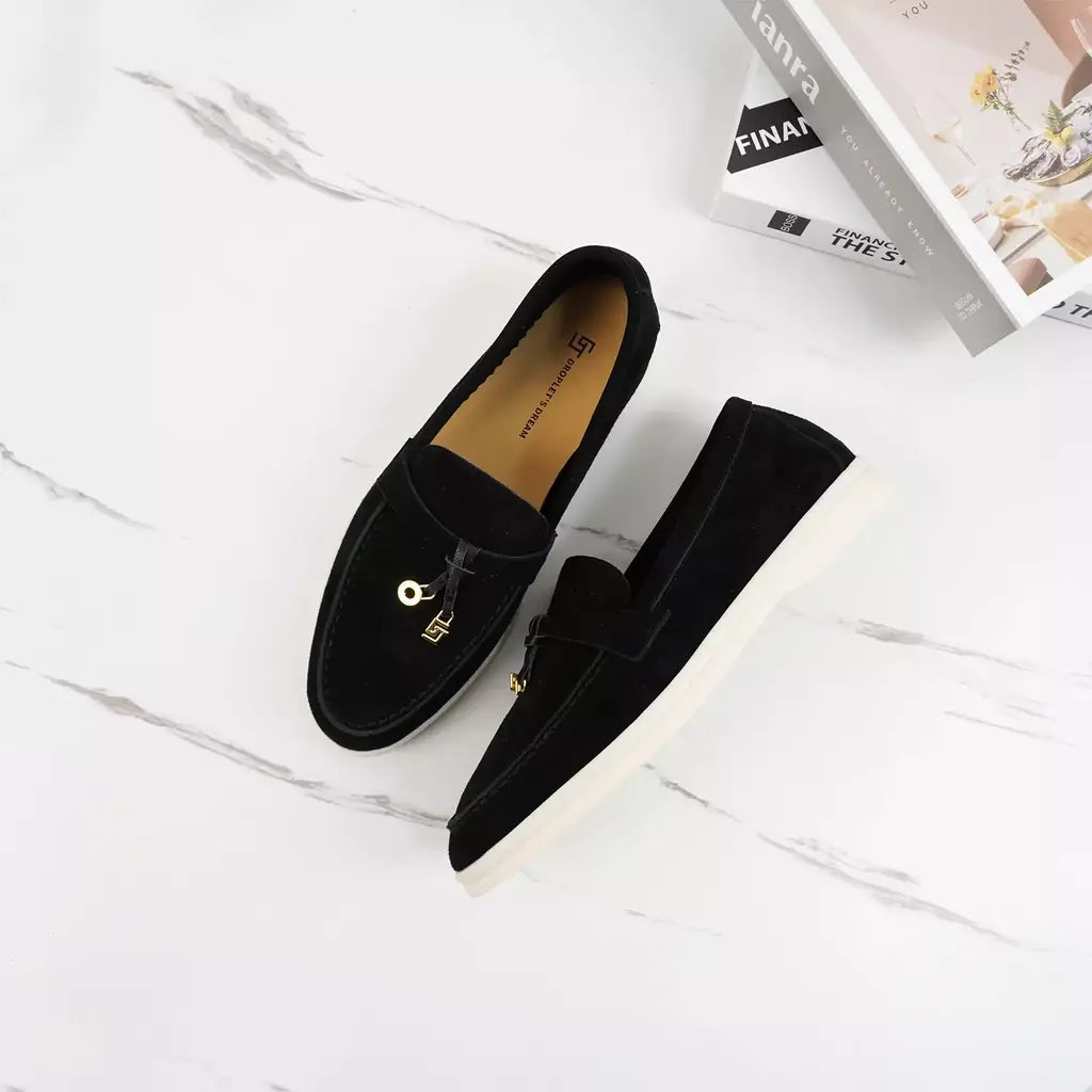 Sapatos de mula de camurça antiderrapante para mulheres, sapatos para dirigir, pingente de metal, marca de luxo, moda casual confortável, Le Fu