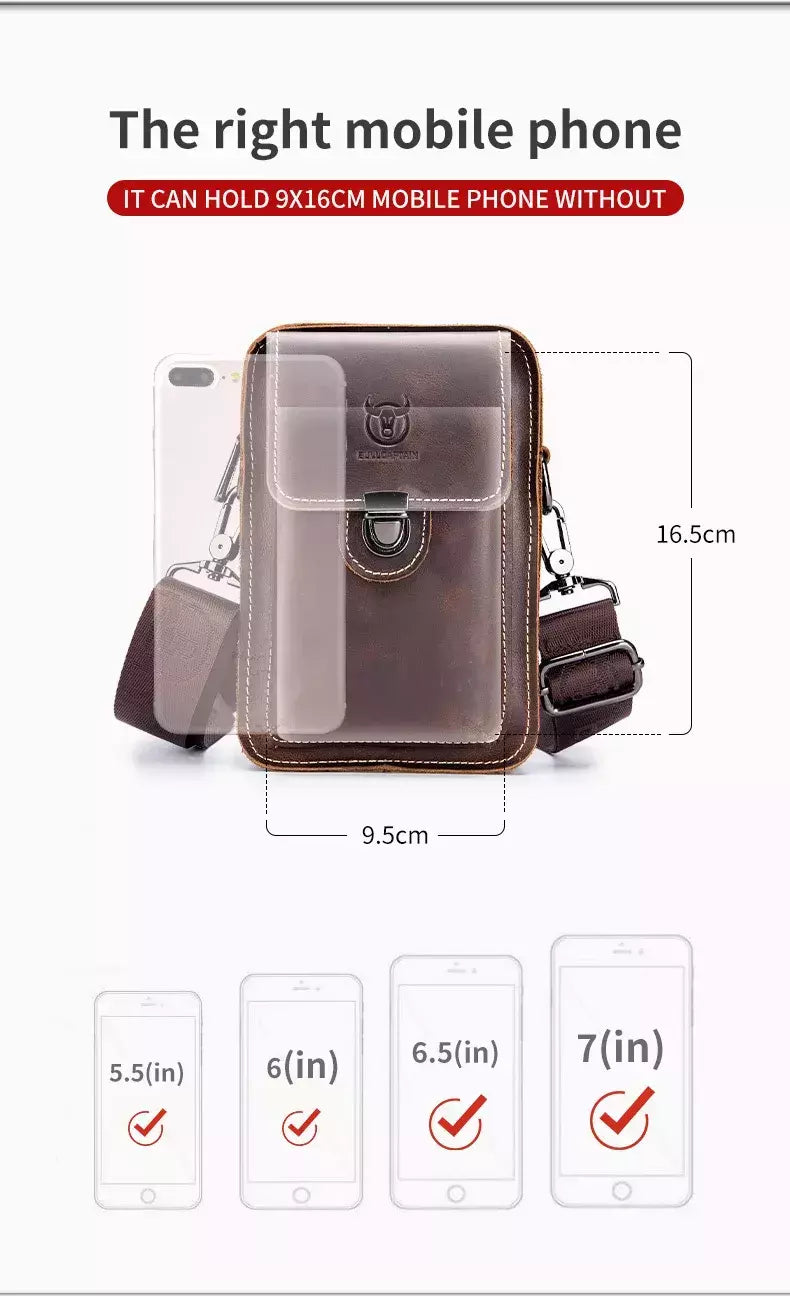 BULLCAPTAIN-Pacotes de Cintura de Couro Genuíno para Homens, Cinto Casual, Bolsa de Telefone Móvel 100% Couro Pequena Bolsa de Ombro
