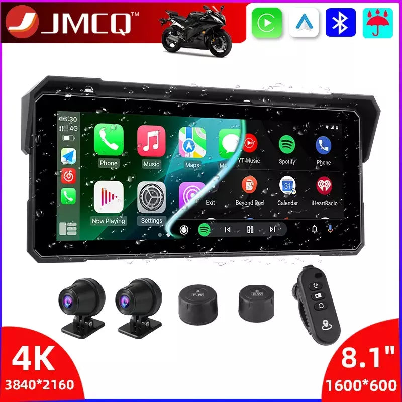 Jmcq portátil 8.1 polegada ip67 à prova dip67 água motocicleta 4k dvr navegação gps sem fio carplay android auto moto gravador monitor