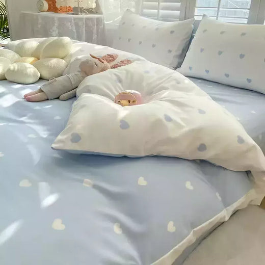 Blue Hearts Love Bedding Set para meninas e meninos, folha plana de tamanho duplo, capa de edredão e fronha, roupa de cama macia, têxteis domésticos, meninos