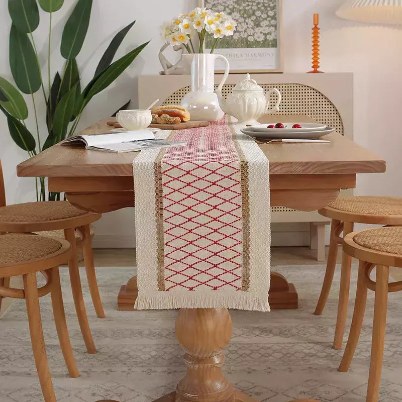 Algodão e linho Splicing Table Flag para casa, toalha de mesa tecida Tassel, Material Natural, Decoração Pastoral, 2 cores