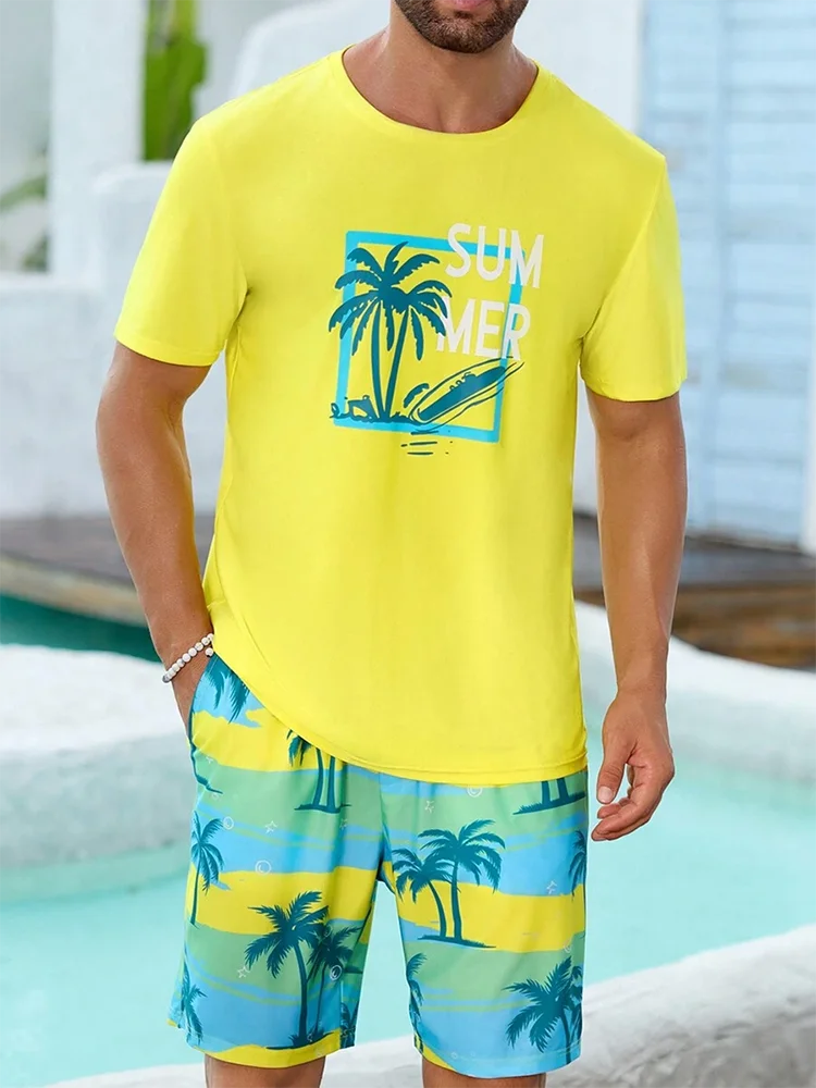 Camiseta de praia havaiana masculina, conjunto de 2 peças, manga curta, estampa palmeira, decote em O, moda exterior, casual, verão