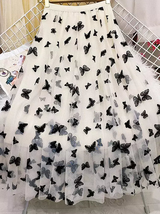 Borboleta Flocagem Tule Saia Longa Mulheres Estética Casual A Linha Elástico De Cintura Alta Midi Malha Saia Feminina Preto