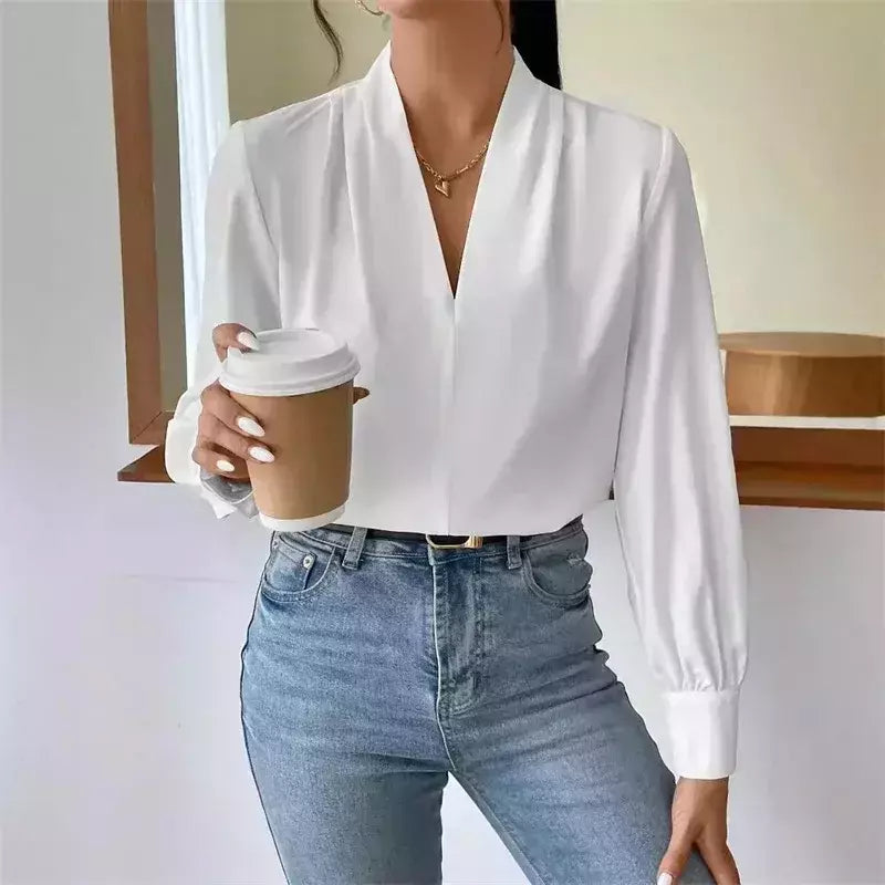 Pulôver de manga comprida com decote V feminino, camisa elegante, estilo britânico, tops urbanos, monocromático, confortável, blusa casual feminina, outono