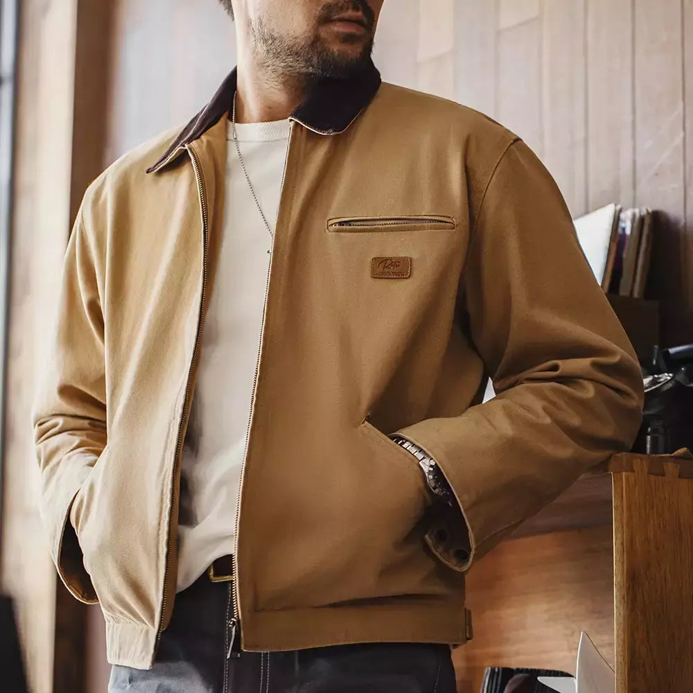 Maden J001 - Casaco de Caça Régua Detroit para Homem de Outono, Tecido de Lã Retro, Bolsos de Algodão Resistente, Design de Colarinho Lapel e Fechadura Ziper