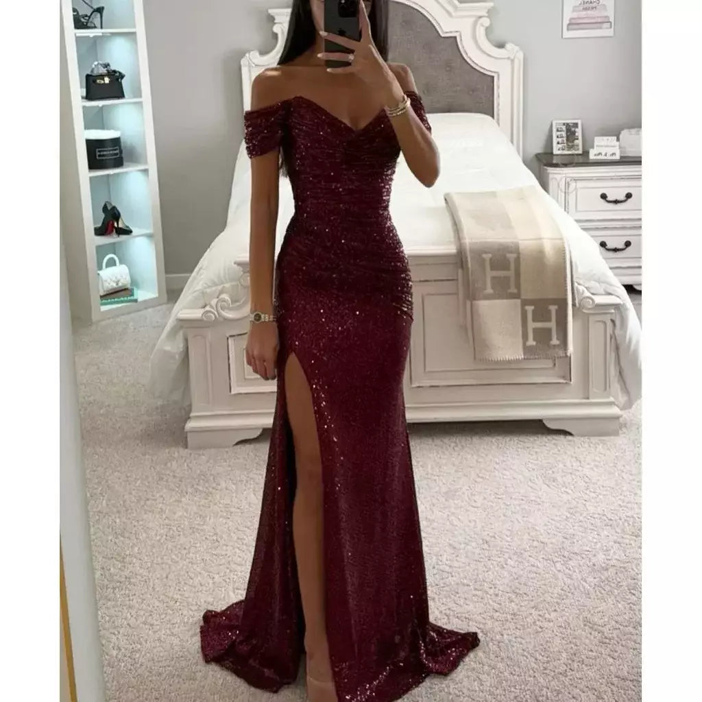 Vestido Dividido de Pescoço Uma Linha Feminino, Lantejoulas, Dividido, Versátil, Elegante, Charme, Emagrecedor, Festa, INS, Emagrecimento, S-XL Size, Novo