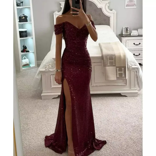 Vestido Dividido de Pescoço Uma Linha Feminino, Lantejoulas, Dividido, Versátil, Elegante, Charme, Emagrecedor, Festa, INS, Emagrecimento, S-XL Size, Novo