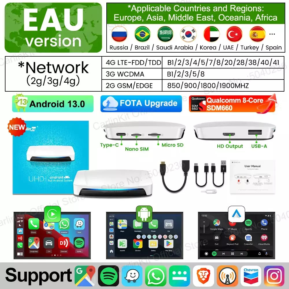 CarlinKit-Smart TV Box de saída de vídeo HDMI, Android 13, AI Box SM6225, 8 núcleos, Android Auto, Sem fio, Tela dividida, 2025